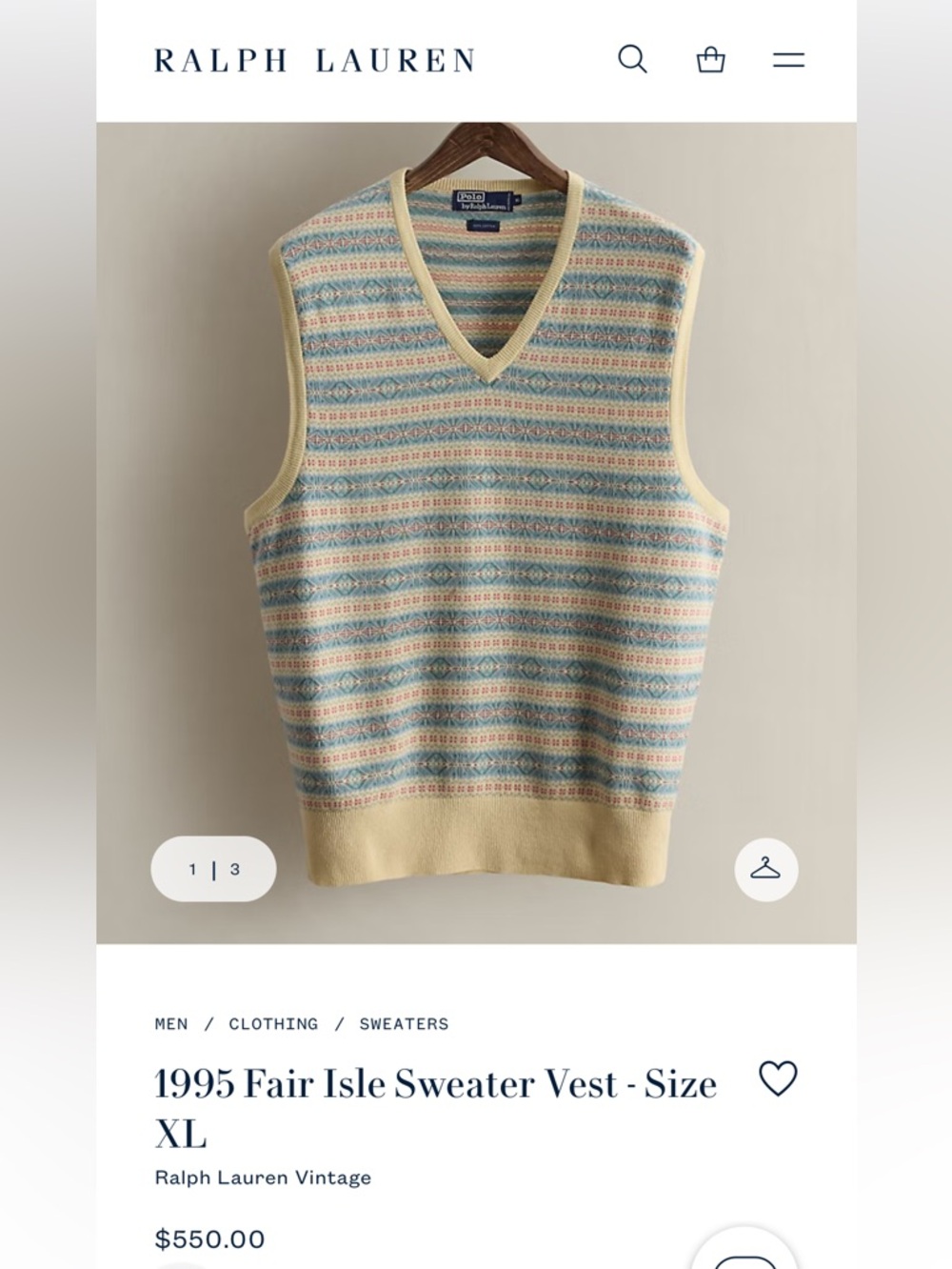Rare vintage 1995 Men’s Ralph Lauren Fair Isle Sweater Vest! Size L! Gorgeous!